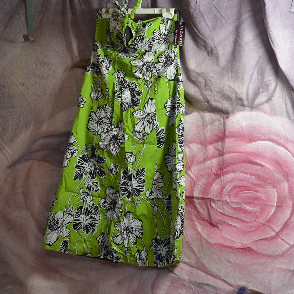 Cotton Sundress Halter Style Green Black White SZ 8 NWT